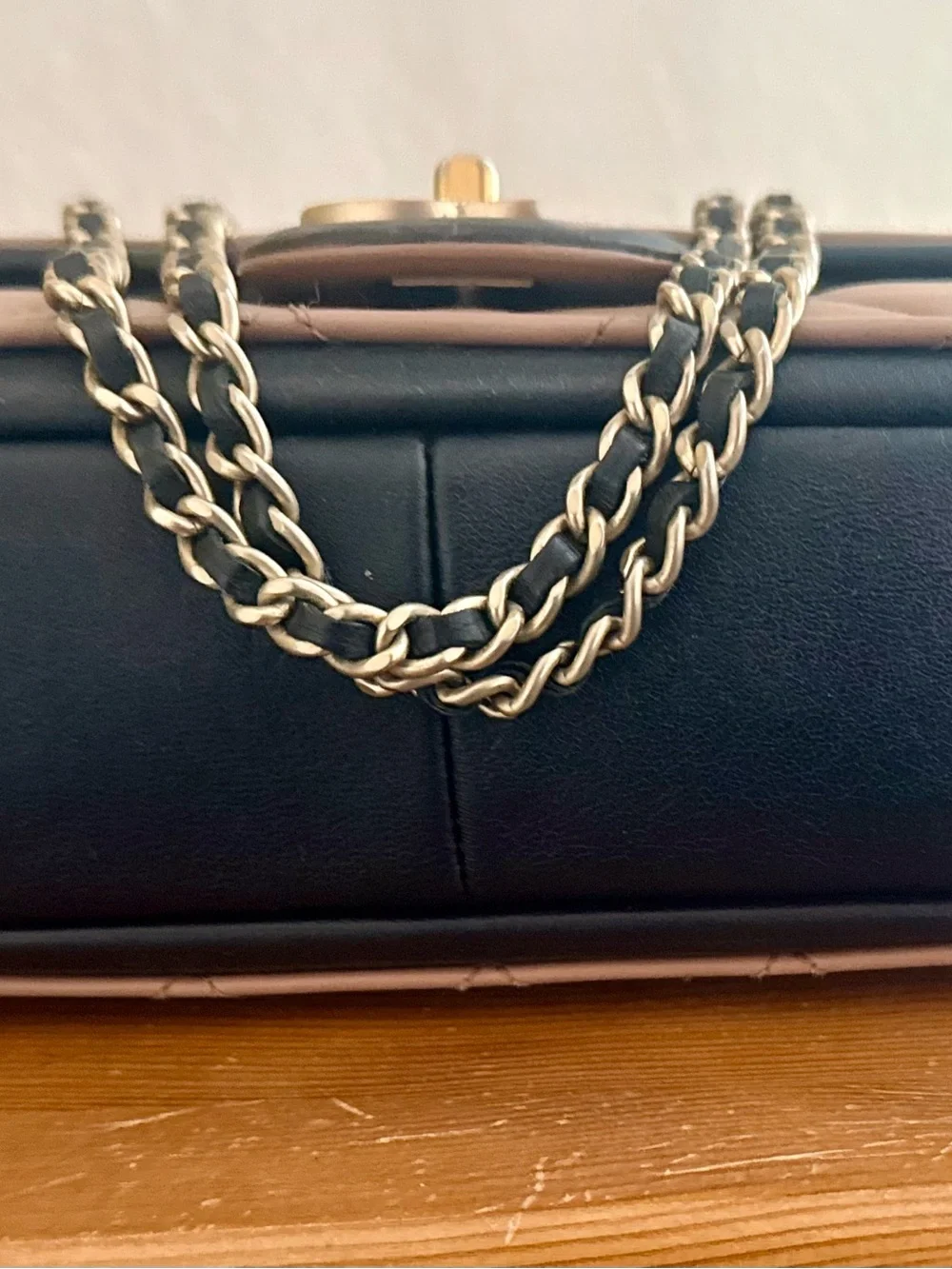 Authentic Chanel Quilted Flap Shoulder Bag - Beige with Black Trim